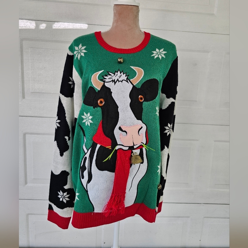 Jolly Sweaters Cow Christmas Ugly Sweater Large Festive Holiday Knit Retro Fun - Picture 2 of 12